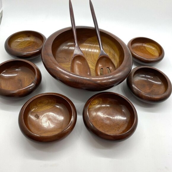 Vintage MCM Teak Wood Salad Bowl 9pc  Rustic Scandinavian Cottagecore Farmhouse - Picture 1 of 12